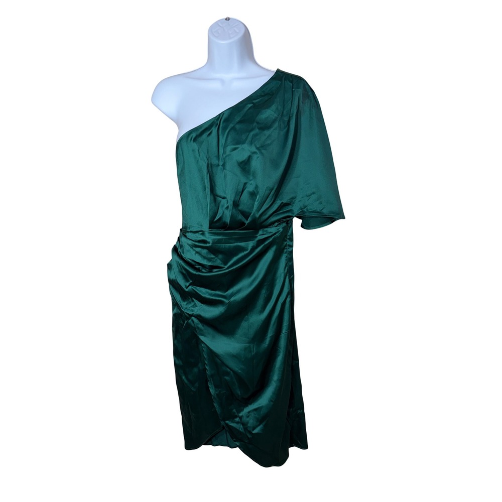 Cupshe Emerald Green Satin One Shoulder Ruched Cocktail Dress Medium NWT
